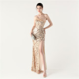 Women Sequin Sequin Beaded Slash Shoulder One-shoulder slit evening dress
