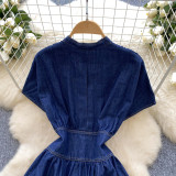 Women's Summer Deep V neck Slim Waist Buttoned Pleated Casual Denim Dress