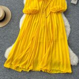 Elegant Women's Luxury Beaded Flower Belt Slim Waist Pleated Long Dress