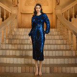 Women long-sleeved round neck sequins Formal Party Maxi evening dress