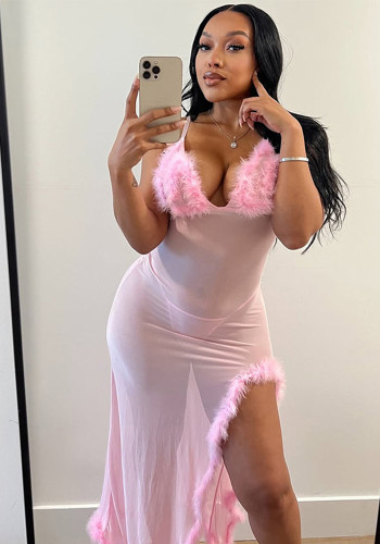 Women Summer Sexy Hollow Mesh See-Through Raw Edge Suspender Dress Two Piece Set