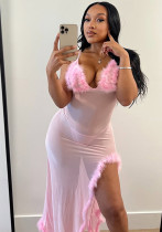 Women Summer Sexy Hollow Mesh See-Through Raw Edge Suspender Dress Two Piece Set Women Summer Sexy Hollow Mesh See-Through Raw Edge Suspender Dress Two Piece Set