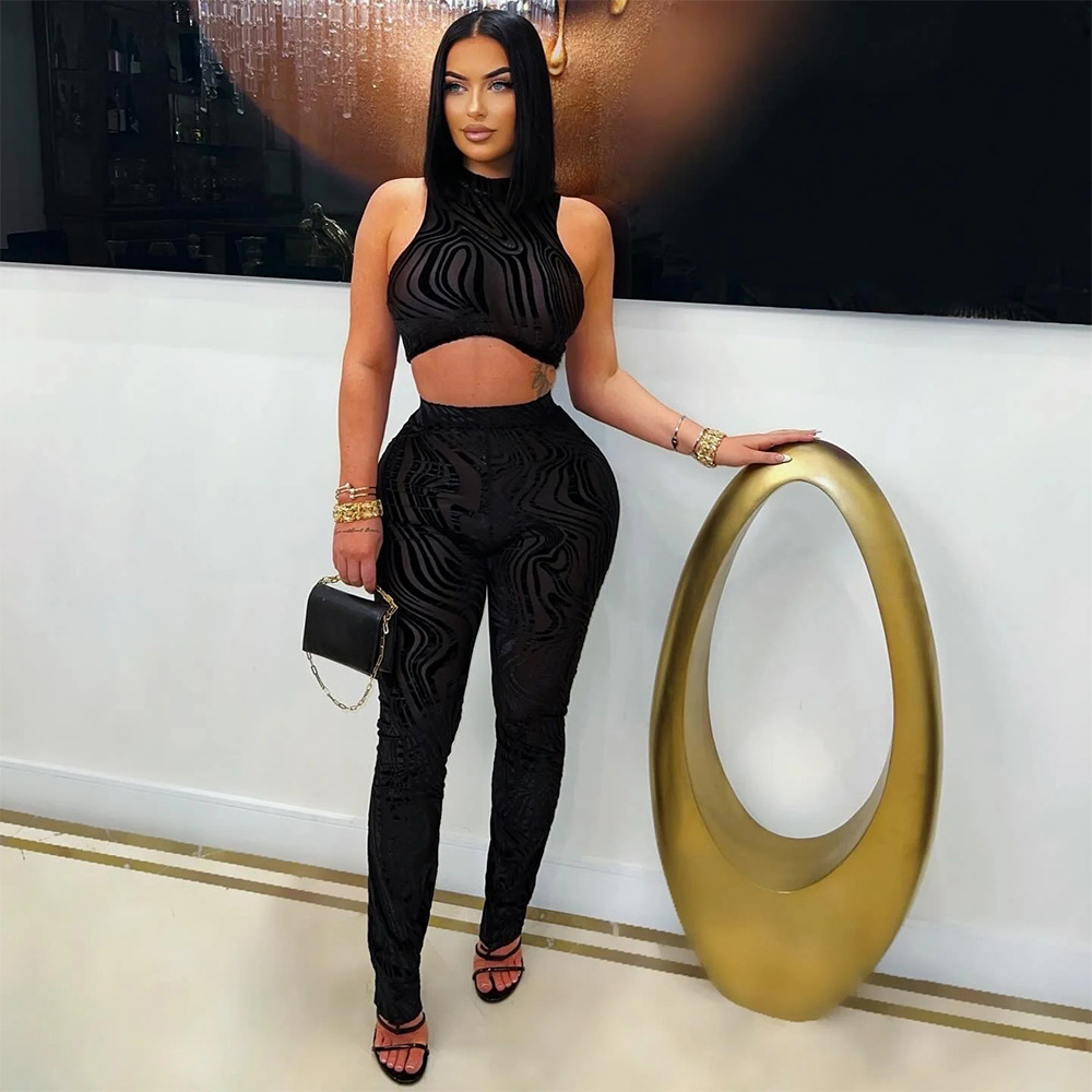 Women Round Neck Sexy Sleeveless Crop Top and Pants Two Piece Set