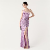Women Sequin Sequin Beaded Slash Shoulder One-shoulder slit evening dress