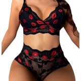 Women Printed Bra Red Lip Embroidery Lace Sexy Lingerie Two Piece Set