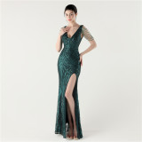 Women Fishbone Lace-Up V Neck Slit Evening Dress