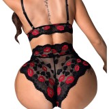 Women Printed Bra Red Lip Embroidery Lace Sexy Lingerie Two Piece Set