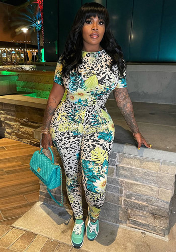 Women Spring Summer Street Round Neck Short Sleeve Abstract Print Jumpsuit