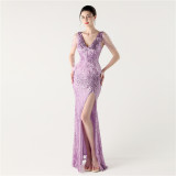 Women Furry Fishbone Lace-Up V Neck Slit Evening Dress