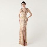 Women Furry Fishbone Lace-Up V Neck Slit Evening Dress
