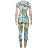 Women Spring Summer Street Round Neck Short Sleeve Abstract Print Jumpsuit