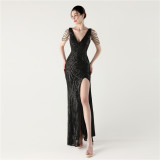Women Fishbone Lace-Up V Neck Slit Evening Dress