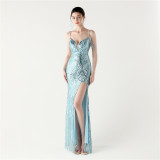 Women beaded sequin fishbone Lace-Up See-Through evening dress