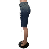 Women Retro Lace-Up Street Stretchy Washed Denim Shorts