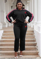 Plus Size Women Patchwork Ribbon Contrast Long Sleeve Top Drawstring Leg Pants Two Piece Set