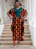 Plus Size Women Sexy Casual Patchwork Contrast Print Slit Dress