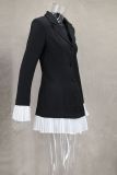 Women Spring and Summer Black and White Contrast Pleated Ruffle Blazer Dress