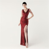 Women Fishbone Lace-Up V Neck Slit Evening Dress