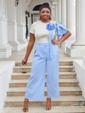 Plus Size Women Round Neck Short Sleeve Striped Top and Contrast Wide Leg Pants Two Piece Set