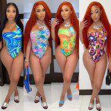 Women's fashion sexy Halter Lace-Up Low Back Print Bodysuit