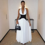 Fashion Black and White Women's Pleated Slim Waist A-line Sexy Deep V-neck Halter Neck Long Dress