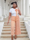 Plus Size Women Round Neck Short Sleeve Striped Top and Contrast Wide Leg Pants Two Piece Set