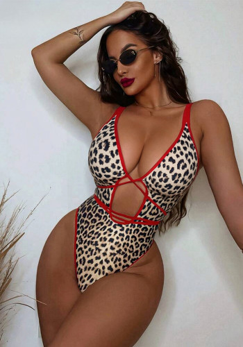 Leopard Contrast Hollow Lace-Up One-piece Swimsuit