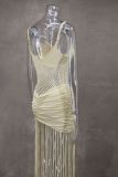 Women Spring and Summer Strap Mesh Sexy Pleated Bodycon Tassel Dress