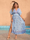 Plus Size Women Printed short-sleeved v-neck maxi dress