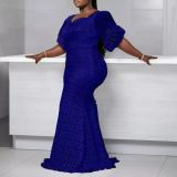 Lady Spring Puff Sleeve Solid Color Hollow Bodycon One-Piece Dress