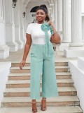 Plus Size Women Round Neck Short Sleeve Striped Top and Contrast Wide Leg Pants Two Piece Set
