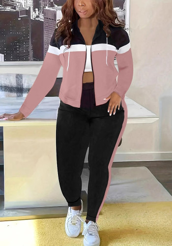 Fashion Women Patchwork Casual Sports Hooded Jacket Pants Set