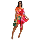 Fashion women's sexy Hollow Back Slash Shoulder print Casual Jumpsuit