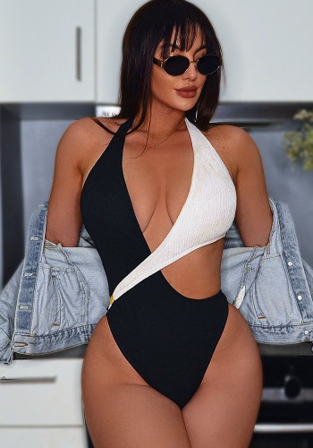 Bikini White Black Contrast Hollow Lace-Up One-piece Swimsuit