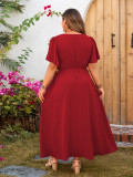 Plus Size Women solid short-sleeved v-neck dress