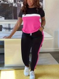 Women's Casual Striped Round Neck Short Sleeve Top Pants Set