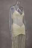 Women Spring and Summer Strap Mesh Sexy Pleated Bodycon Tassel Dress