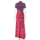 Slim Waist Women's See-Through Mesh Patchwork Pleated Printed High Neck Long Dress