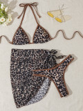 leopard triangle cup print lace-up cover-up sexy Three-Piece swimsuit for women
