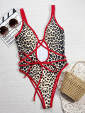 Leopard Contrast Hollow Lace-Up One-piece Swimsuit
