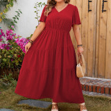 Plus Size Women solid short-sleeved v-neck dress
