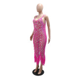 Women Sequined Suspender V Neck Sexy Suspender Tassel Dress