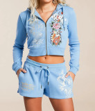 Women Graffiti Print Hoodies and ShortsTwo Piece Set