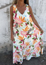 Women Spring Summer V neck leaf print Sundress