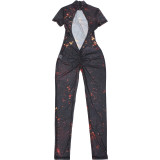 Women Summer Street Trend Mesh See-Through Print Backless Jumpsuit