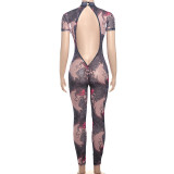 Women Summer Street Trend Mesh See-Through Print Backless Jumpsuit