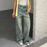 Women Street Snake Print Casual Denim Trousers
