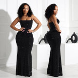 Women Sexy Suspender Beaded Mesh Bodycon Maxi Dress