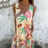 Women Spring Summer V neck leaf print Sundress