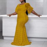 Lady Spring Puff Sleeve Solid Color Hollow Bodycon One-Piece Dress
